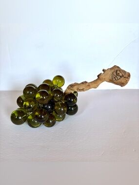 Vintage Mid Century Olive Green Glass Lucite Grape Cluster with Driftwood Stem